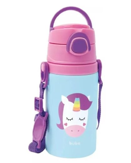 Botella buba de Aluminio 400ml c/Pajita y Cordón de Transporte Unicornio