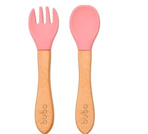 Set de 2 Cubiertos buba de Bambú c/ Punta de Silicona Rosa