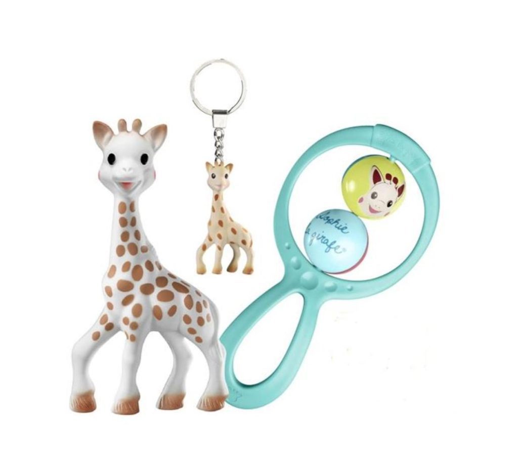 Juguete Sensorial Sophie la girafe Set regalo Érase una vez (Jirafa Sophie + llavero + sonajero columpio)
