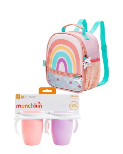 Mochila Lunchera Termica + 2 Vasos Miracle Arcoiris Rosa