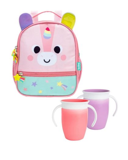 Mochila Lunchera Termica + 2 Vasos Miracle Dino Unicornio Rosa