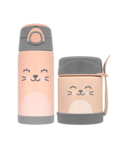 Botella de Térmica 400ml + Pote Térmico Antiderrame Buba Diseño Gatito Coral